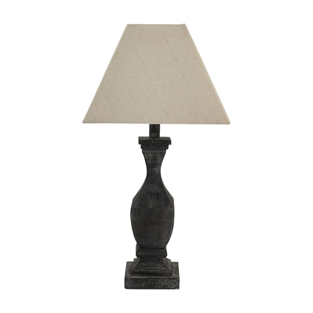Hill Interiors Ormelle fluted wooden table lamp in grey-washed solid wood with a natural linen tapered shade, shown on a plain white background.