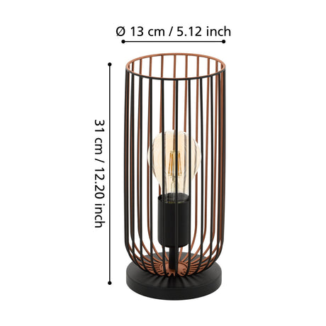 Hilorne Table Lamp in black and copper, an open steel cage design with E27 bulb and round black base, shown with dimensions 31cm height and 13cm diameter on a white background.