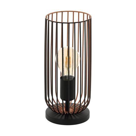 Hilorne Table Lamp in black steel with copper-lined cage bars around a single E27 bulb, set on a round black base against a plain white background.
