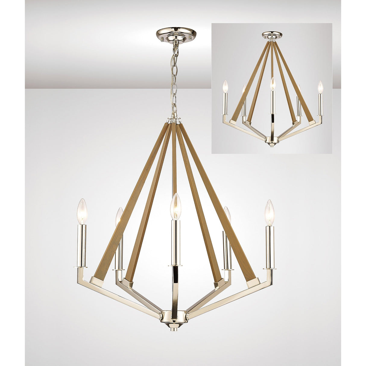Hilton 60cm Pentagonal 5 Light Wood Chandelier - Nickel & Taupe