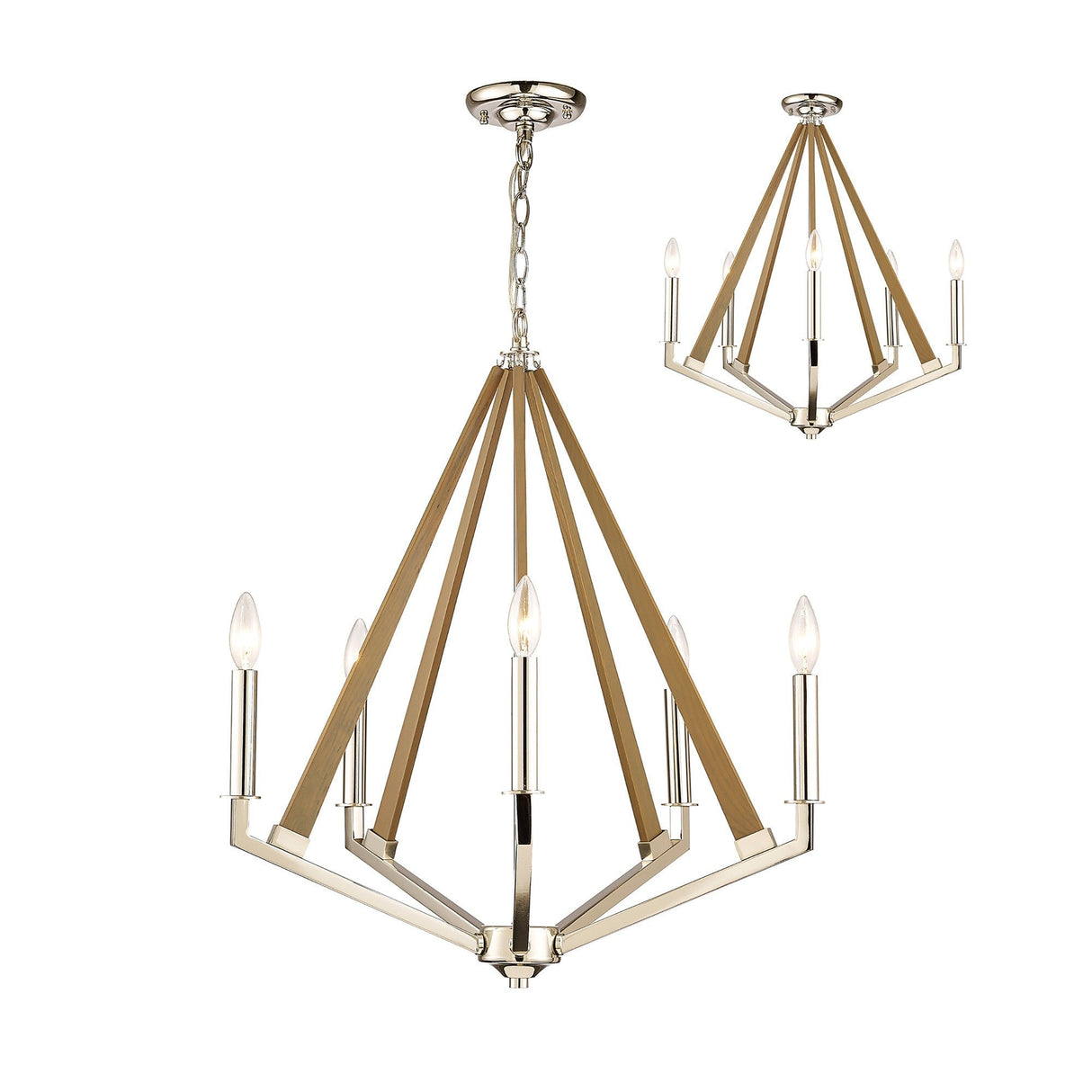 Hilton 60cm Pentagonal 5 Light Wood Chandelier - Nickel & Taupe