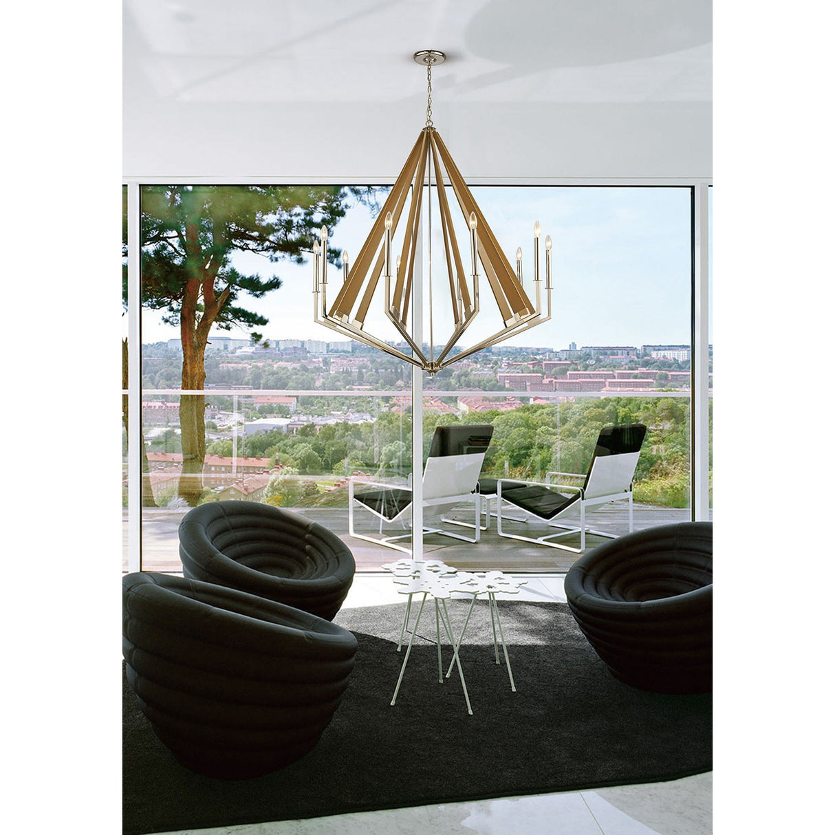 Hilton 112cm Decagonal 10 Light Wood Chandelier - Nickel & Taupe