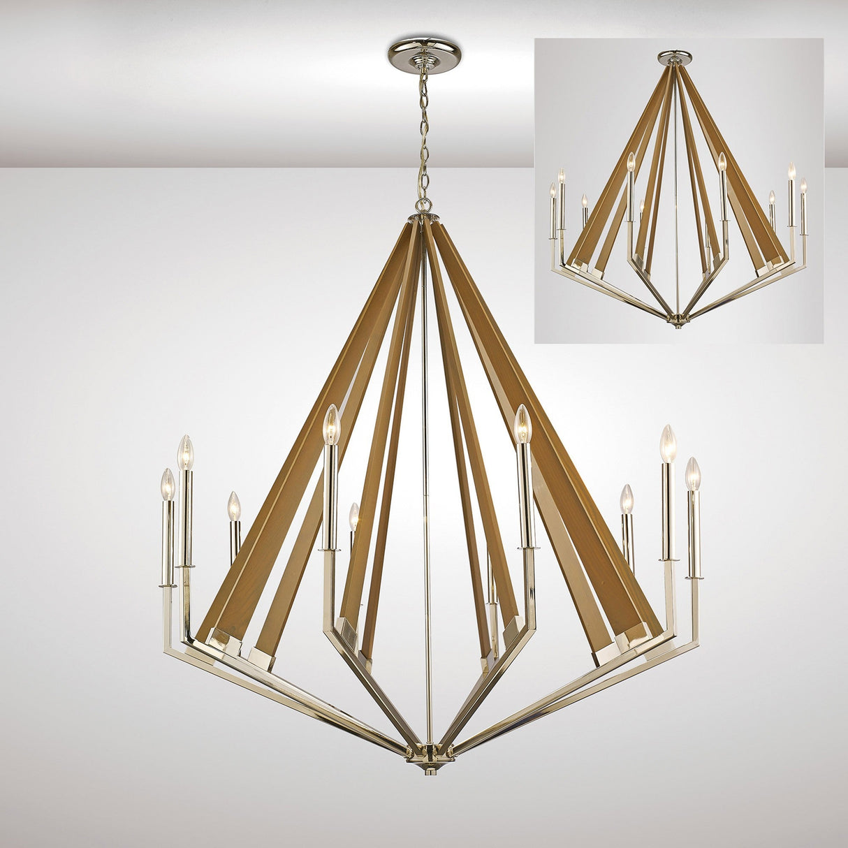 Hilton 112cm Decagonal 10 Light Wood Chandelier - Nickel & Taupe