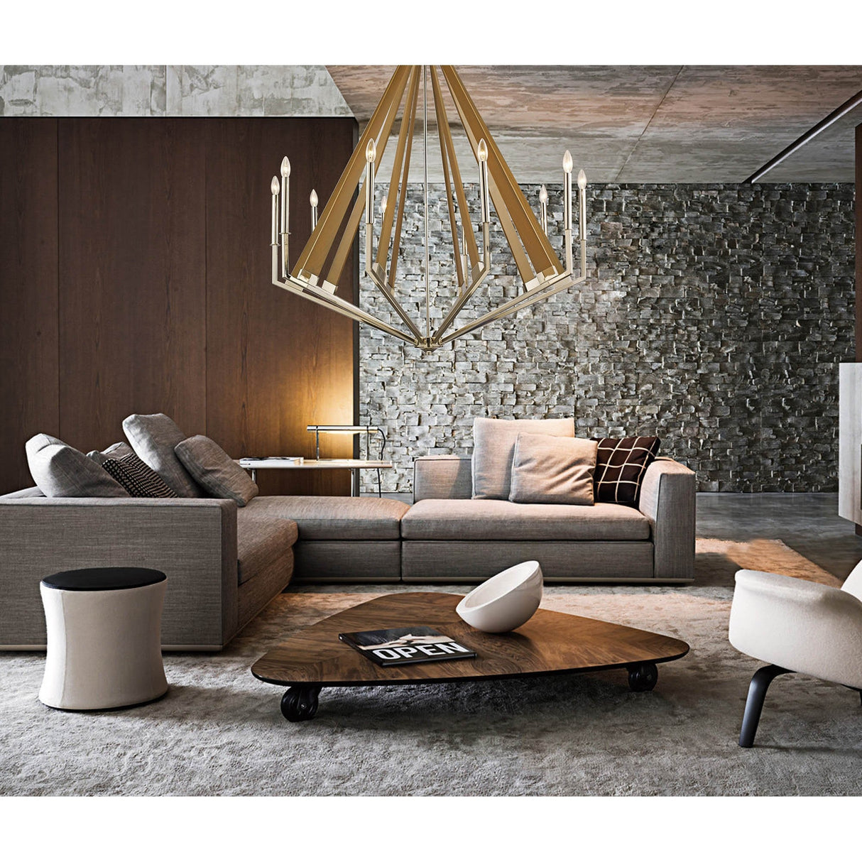 Hilton 112cm Decagonal 10 Light Wood Chandelier - Nickel & Taupe