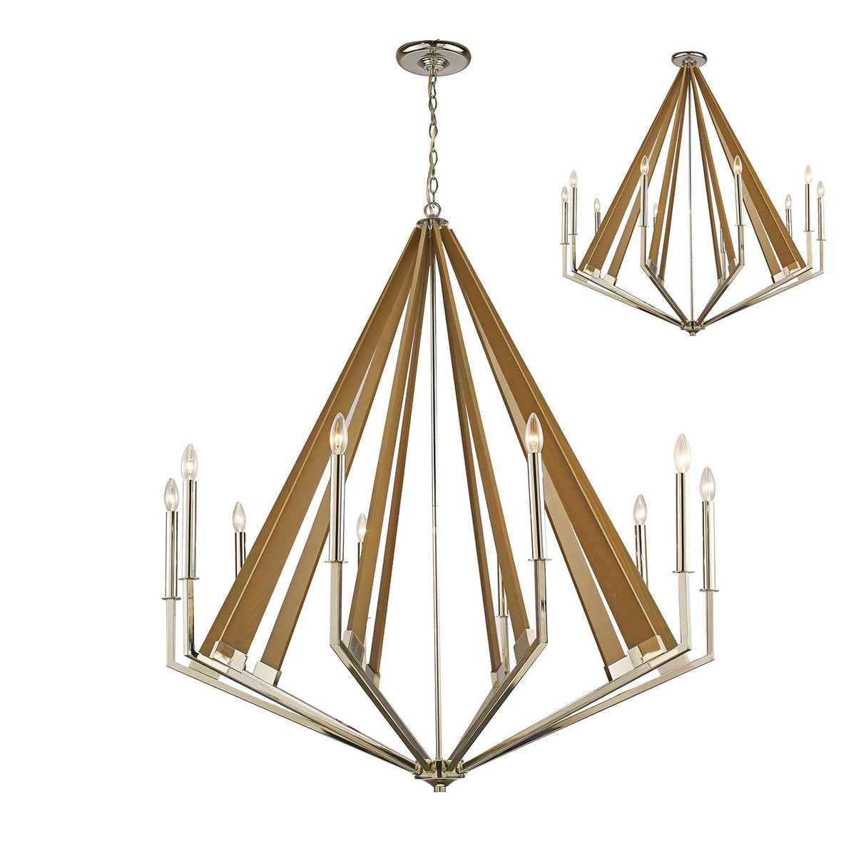 Hilton 112cm Decagonal 10 Light Wood Chandelier - Nickel & Taupe