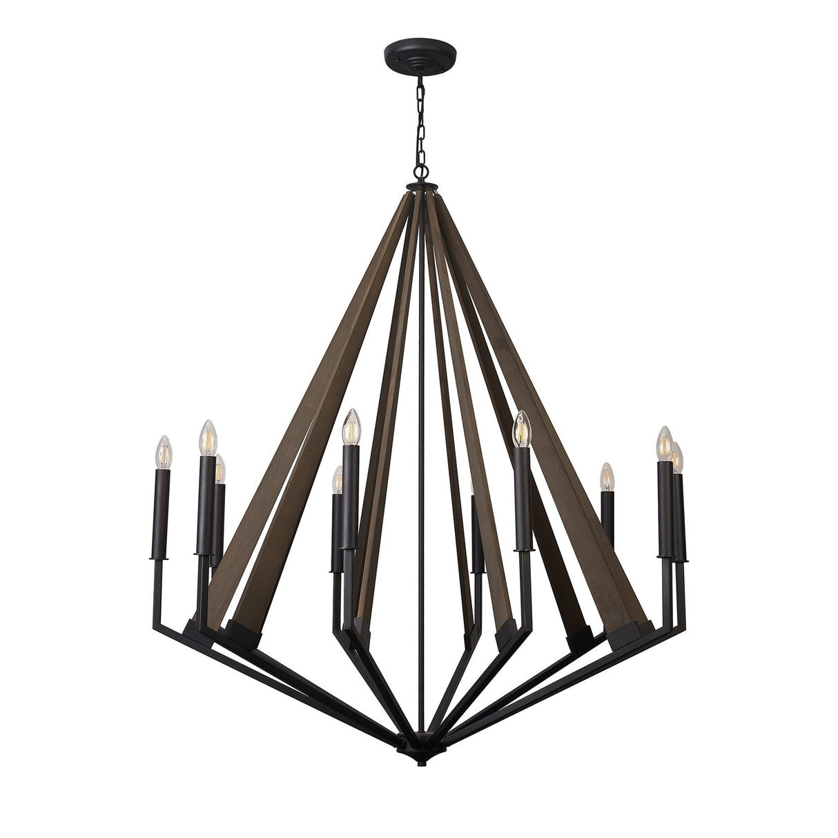 Hilton 112cm Decagonal 10 Light Wood Chandelier - Black & Dark Grey