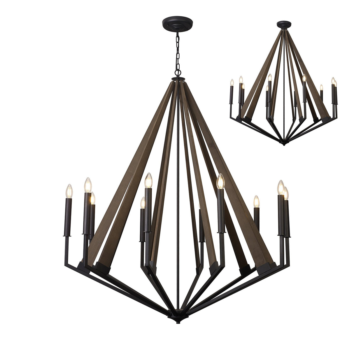 Hilton 112cm Decagonal 10 Light Wood Chandelier - Black & Dark Grey
