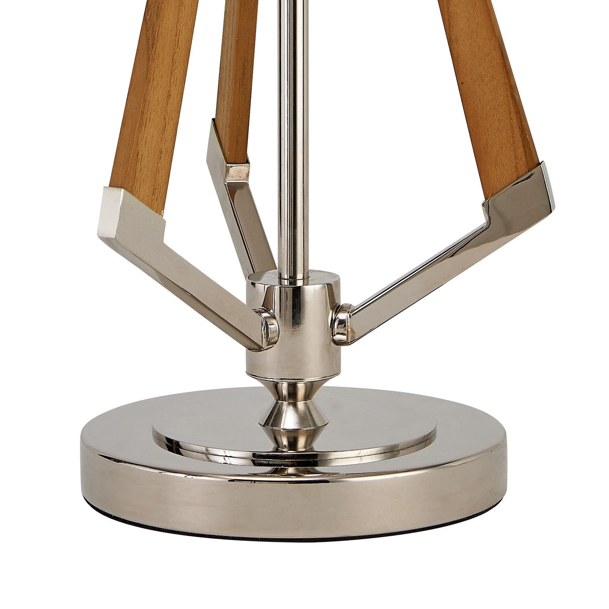 Close-up of the Hilton 1 Light Wood Table Lamp in nickel and taupe, featuring a sleek, reflective circular base with wooden tripod legs and metal fittings—an elegant wood table lamp with a modern, clean-line design. Shade not included.