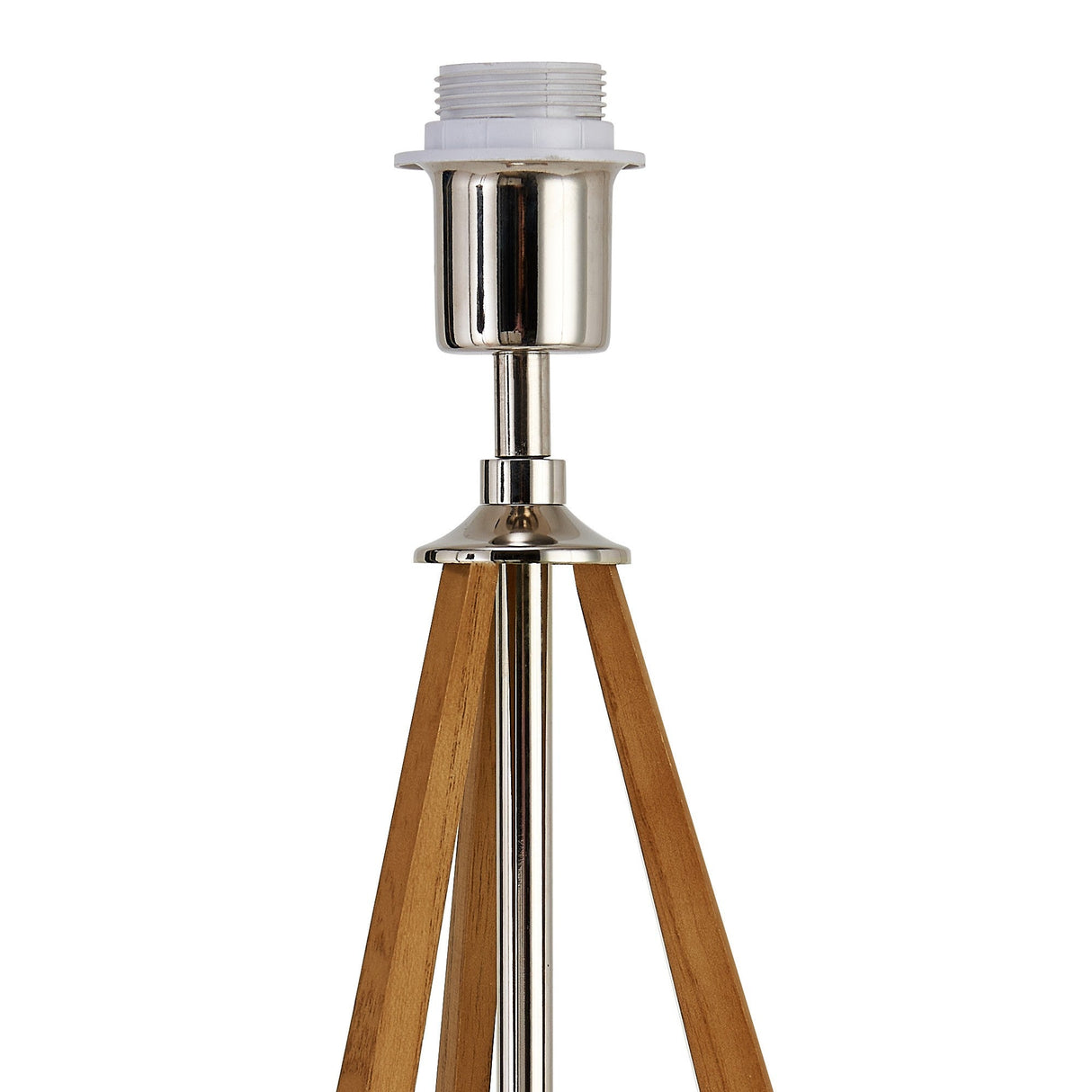 A close-up of the Hilton 1 Light Wood Table Lamp - Nickel & Taupe Without Shade showcases its sleek nickel socket, three wooden legs, and metal pole. The bulb and shade are not attached, highlighting its modern design against a white background.