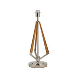 The Hilton 1 Light Wood Table Lamp features a round nickel base, three angled wooden supports, and a sleek silver stem, all in a modern design without a shade.