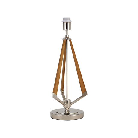 The Hilton 1 Light Wood Table Lamp features a round nickel base, three angled wooden supports, and a sleek silver stem, all in a modern design without a shade.