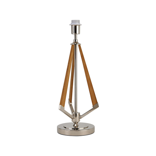 The Hilton 1 Light Wood Table Lamp features a round nickel base, three angled wooden supports, and a sleek silver stem, all in a modern design without a shade.