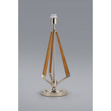 The Hilton 1 Light Wood Table Lamp features a shiny nickel circular base and frame with three angled wood supports in taupe, shown without a shade against a plain gray background.