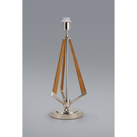 The Hilton 1 Light Wood Table Lamp features a shiny nickel circular base and frame with three angled wood supports in taupe, shown without a shade against a plain gray background.