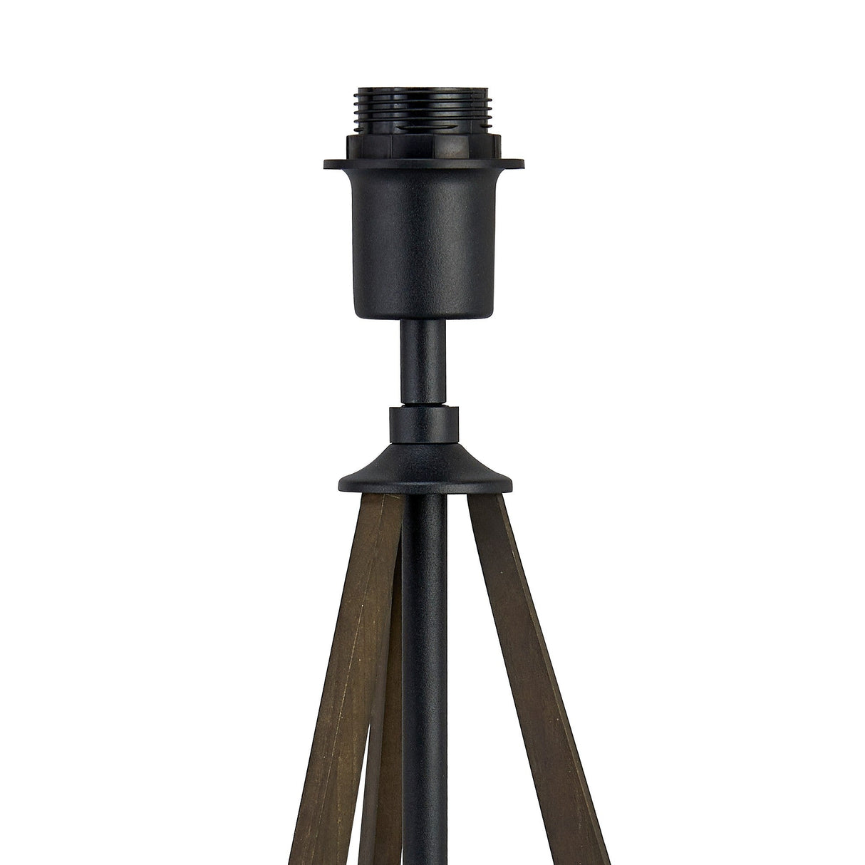 The Hilton 1 Light Wood Table Lamp in black and grey features a geometric design with a black socket on a tripod base of dark wood legs. Shown without bulb or shade, it's set against a white background.