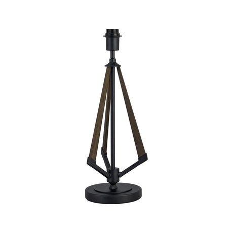 The Hilton 1 Light Wood Table Lamp (Black & Grey, no shade) features a modern tripod-style base with dark wood accents and a round black base, designed for use with a lightbulb, pictured against a plain white background.