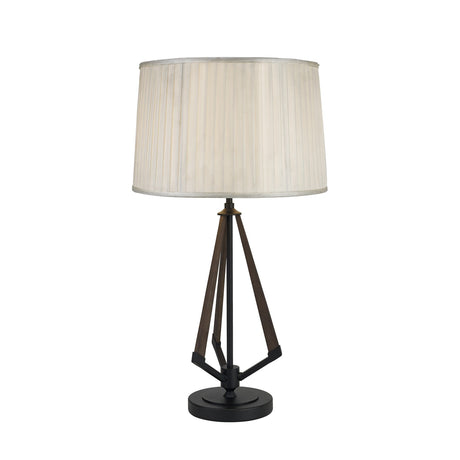 The Hilton 1 Light Wood Table Lamp features a black and grey base, three angled wooden supports, and a round cream shade—making it a stylish choice for contemporary spaces.
