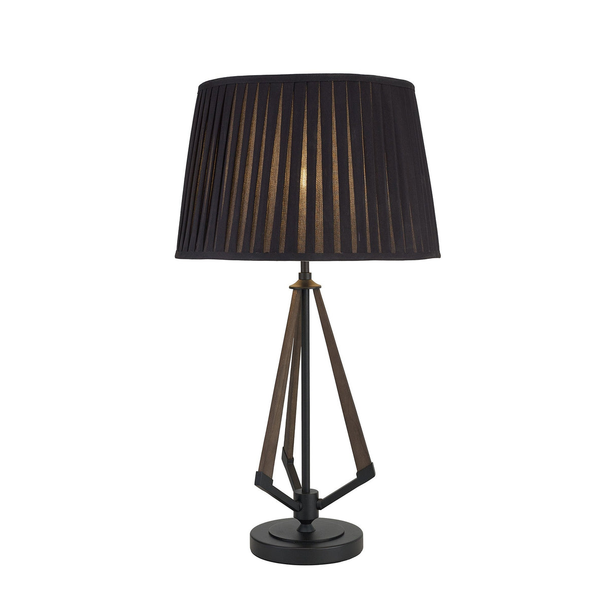 The Hilton 1 Light Small Wood Table Lamp features a black and grey base with a black shade, offering a modern, minimalist look. Its warm light glows softly through the pleated shade, perfect for accent lighting in any space.
