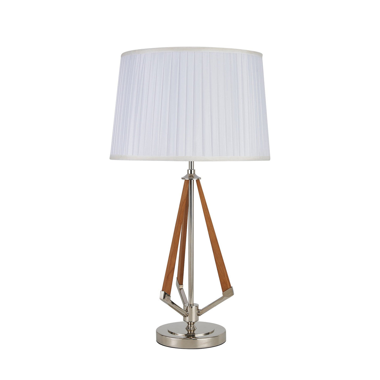 The Hilton 1 Light Wood Table Lamp has a taupe tripod-style base with polished nickel, wooden accents, and a round metallic base, topped by a pleated white shade.
