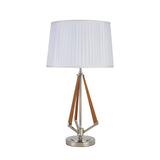 The Hilton 1 Light Wood Table Lamp has a taupe tripod-style base with polished nickel, wooden accents, and a round metallic base, topped by a pleated white shade.