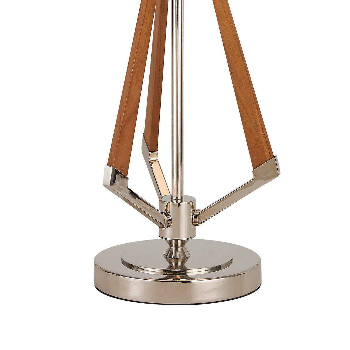 The Hilton 1 Light Wood Table Lamp in nickel and taupe features a shiny, round metallic stand with three angled wooden supports connected to a central metal pole, topped with a white shade.