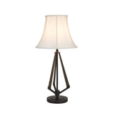 The Hilton 1 Light Wood Table Lamp in black and grey has tripod-style metal legs, a round base, and a cream shade for a modern look, making it an elegant accent for any space.