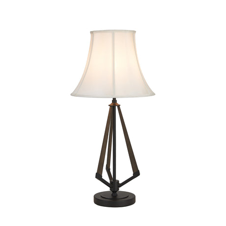 The Hilton 1 Light Wood Table Lamp in black and grey has tripod-style metal legs, a round base, and a cream shade for a modern look, making it an elegant accent for any space.
