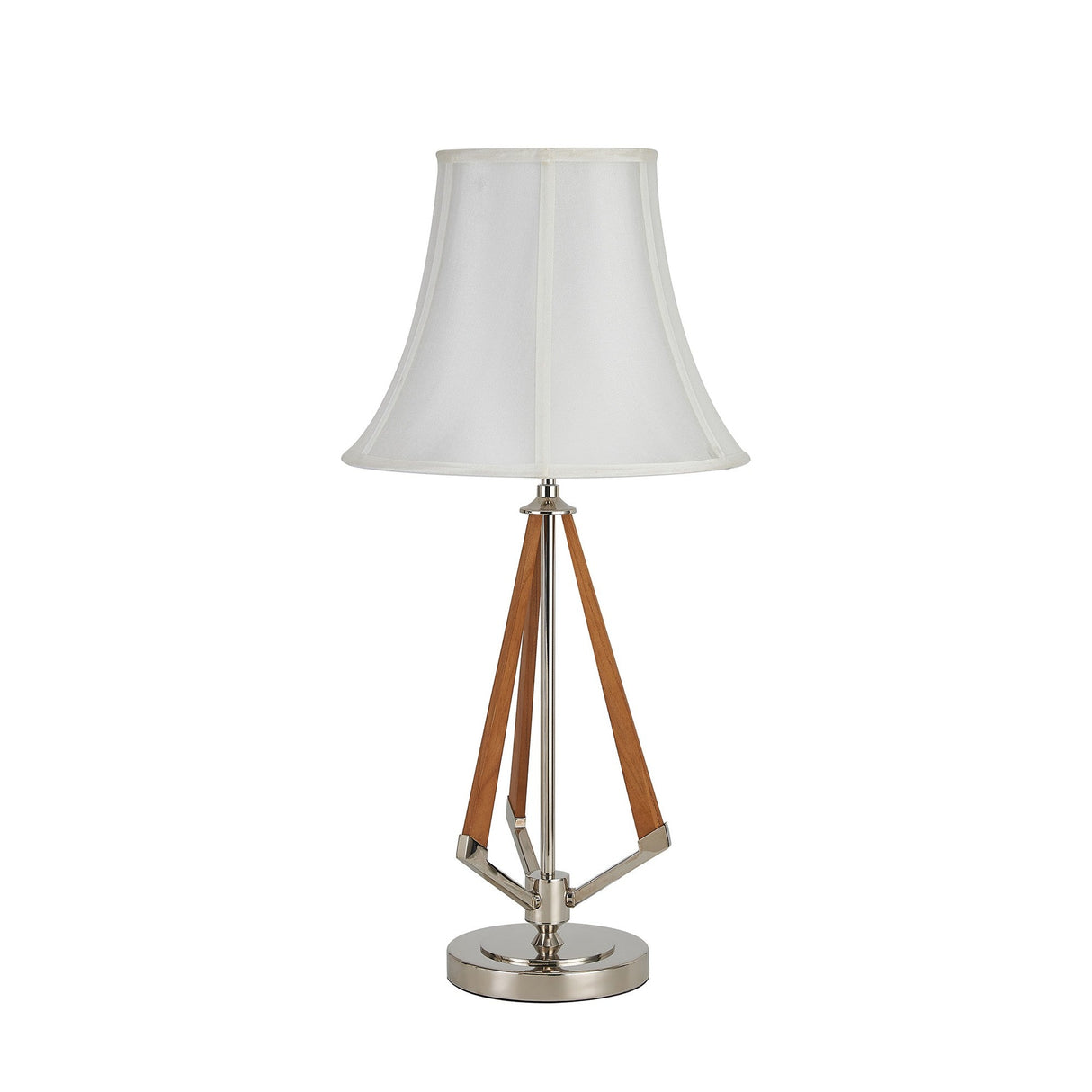 The Hilton 1 Light Wood Table Lamp features a nickel and taupe finish, cream shade, metallic round base, and three angled wooden supports connecting the base to the stem.