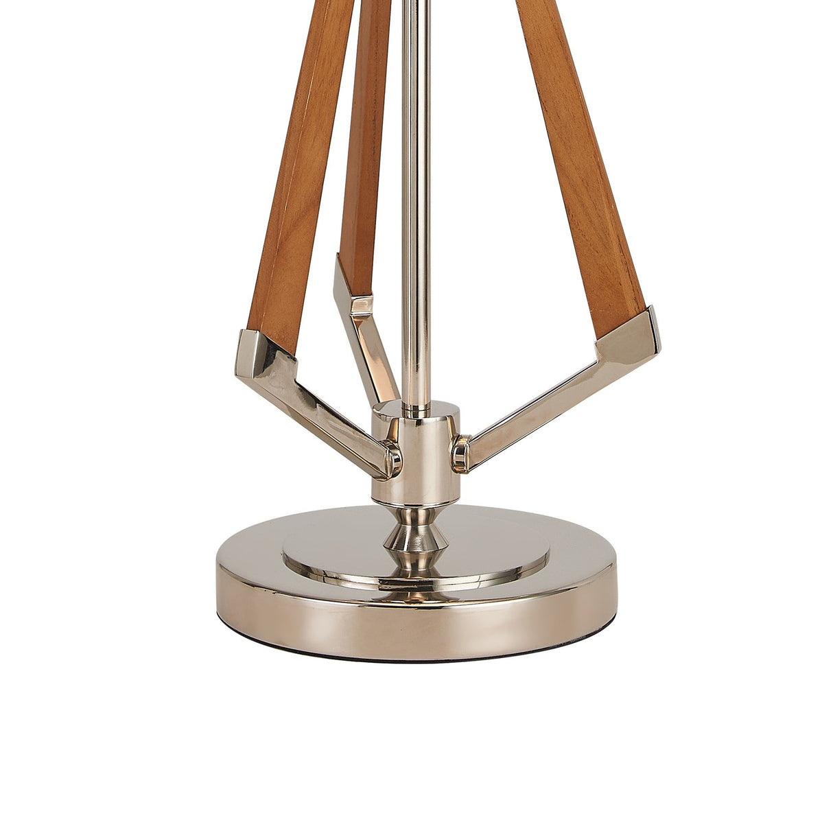 A close-up of the Hilton 1 Light Wood Table Lamp, showcasing its round nickel base, angled wooden supports, central metal pole, and a cream shade.