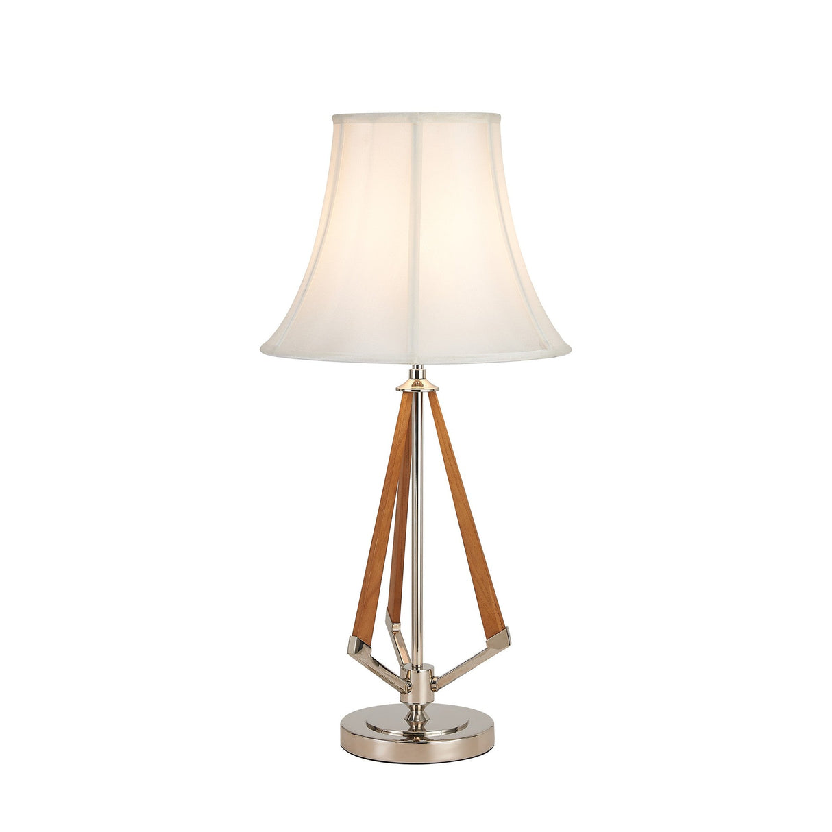 The Hilton 1 Light Wood Table Lamp features a nickel and taupe finish, cream shade, wooden angled supports, and a round chrome base, shown against a plain white background.