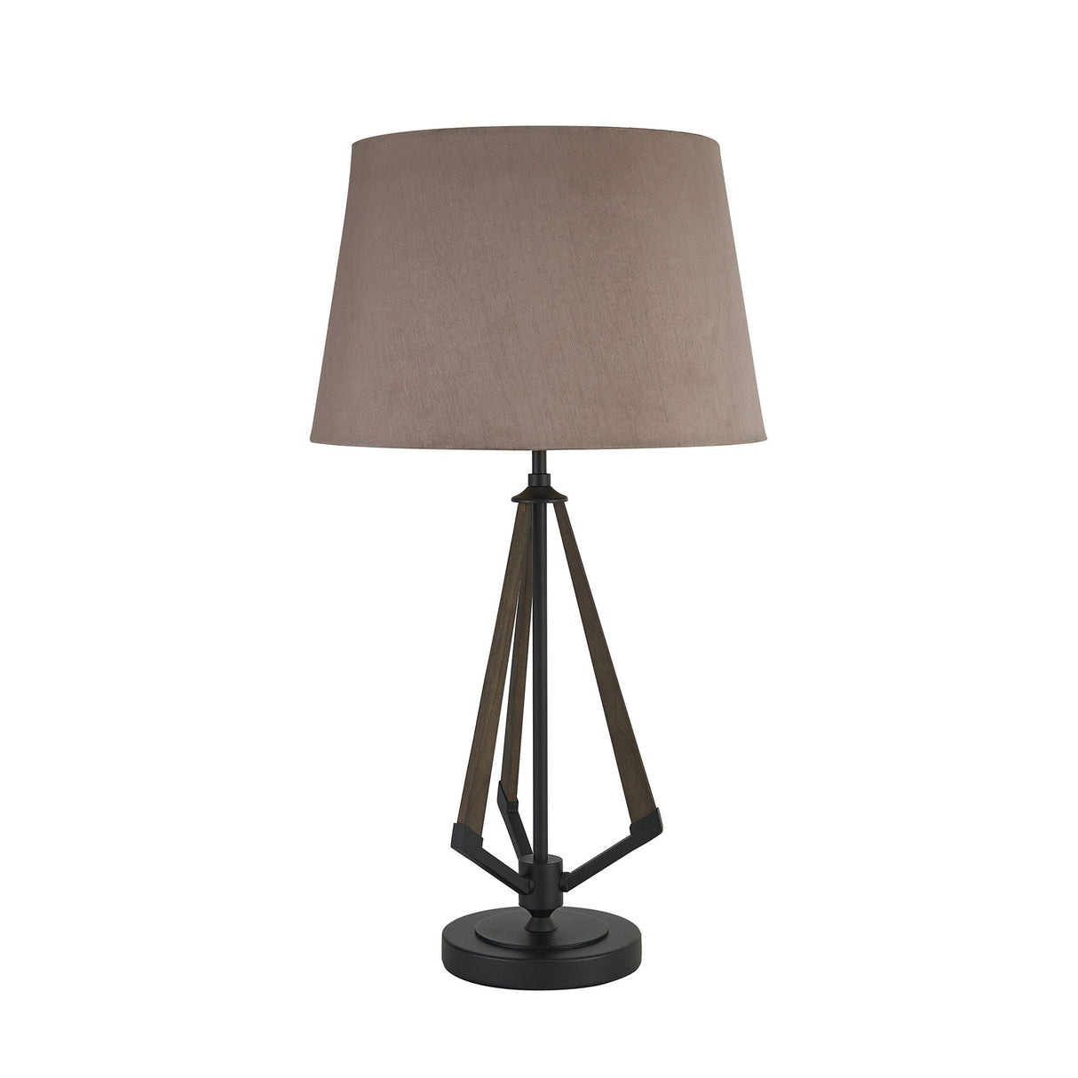 The Hilton 1 Light Wood Table Lamp features a black and grey base with a taupe/halo gold shade, creating a modern geometric accent ideal for adding warm, neutral style to contemporary interiors.