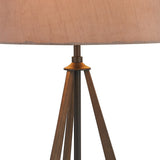 A close-up of the Hilton 1 Light Wood Table Lamp in black & grey with a taupe/halo gold shade, featuring wooden legs, shown against a white background.