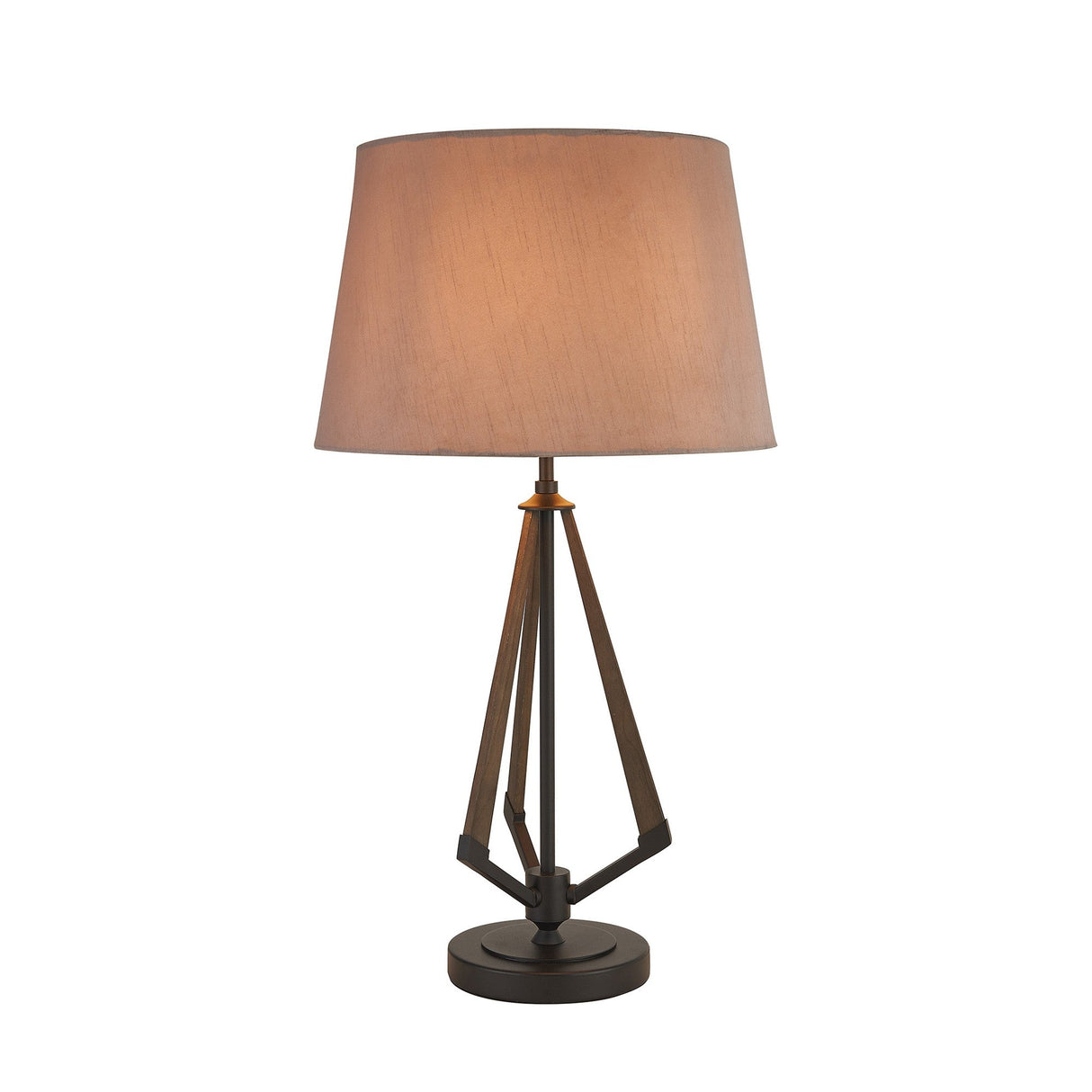 The Hilton 1 Light Wood Table Lamp features a geometric black and grey base with a taupe/halo gold shade that glows warmly when lit, making it a perfect neutral accent for modern interiors.