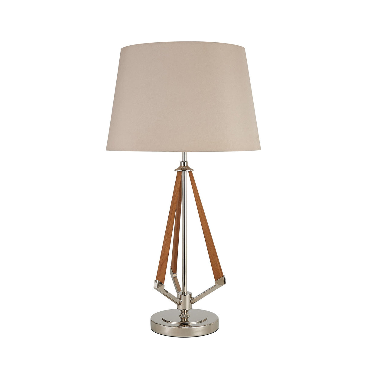 The Hilton 1 Light Wood Table Lamp features a nickel and taupe finish with a nude beige shade and wooden accent rods in a triangular design below the shade.