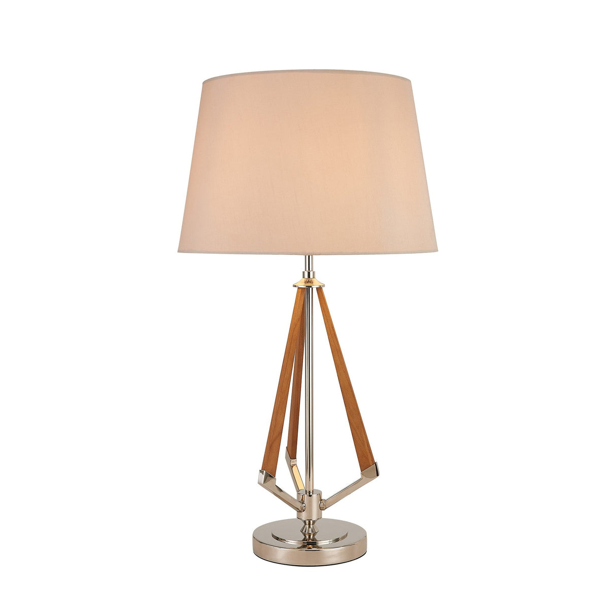 The Hilton 1 Light Wood Table Lamp features a nickel and taupe finish, nude beige shade, metallic base, and wooden geometric accents for a modern look.