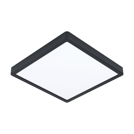 Hinanne LED Downlight 28.5 x 28.5cm in black, a slim square ceiling fixture with a black steel frame and white plastic diffuser, shown at an angle on a plain white background.