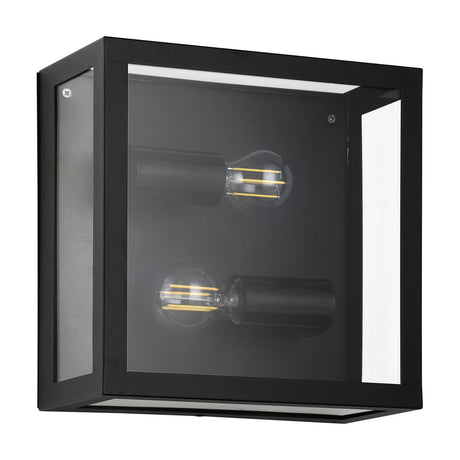 Hirbessa 2 Light Outdoor Wall Light 29cm in black, a square steel frame with clear glass panels housing two E27 bulb holders, shown on a plain white background.