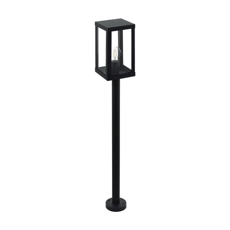 Hirbessa Bollard Light, 101.5cm tall black outdoor post light with square clear-glass lantern head on a slim round post and round base, shown on a plain white background.