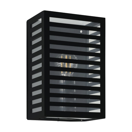 Hirbessa black outdoor wall light with aluminium and steel slatted box, clear side and front panels, and a single visible E27 bulb, on a white background.
