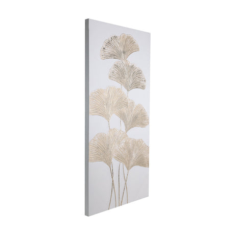 Hirono Wall Art in White & Gold, a tall canvas with textured gold ginkgo leaves on slender stems against a soft white ground, shown at an angle on a plain background.