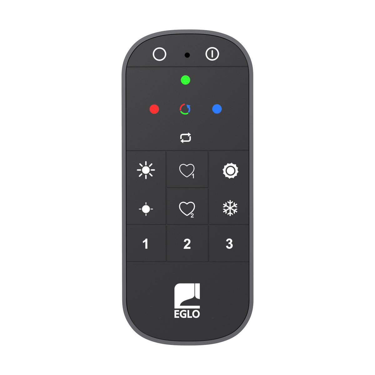 Hismena Zigbee remote control in grey plastic with black button face, showing power icons, colour dots, brightness, scene and favourite buttons, numbered presets, and EGLO logo on a white background.
