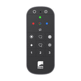 Hismena Zigbee remote control in grey plastic with black button face, showing power icons, colour dots, brightness, scene and favourite buttons, numbered presets, and EGLO logo on a white background.