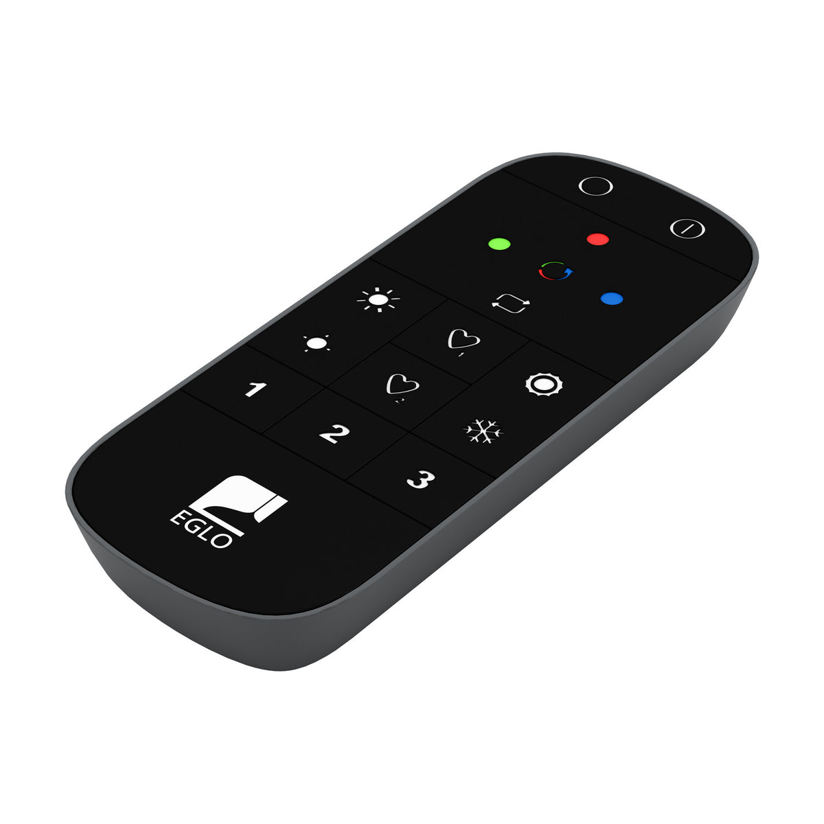 Hismena Zigbee remote control in grey, a slim handheld lighting controller with black touch button face featuring brightness, scene, colour, and number controls, shown on a white background.