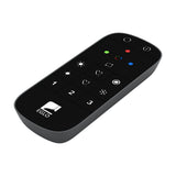 Hismena Zigbee remote control in grey, a slim handheld lighting controller with black touch button face featuring brightness, scene, colour, and number controls, shown on a white background.