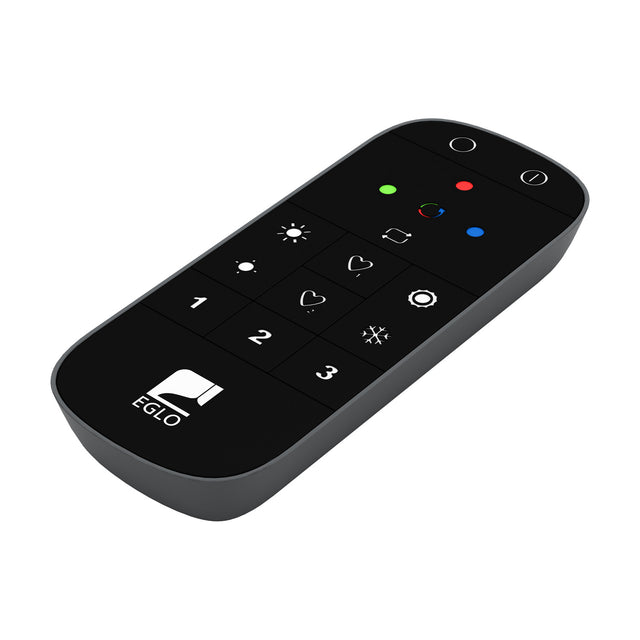 Hismena Zigbee remote control in grey, a slim handheld lighting controller with black touch button face featuring brightness, scene, colour, and number controls, shown on a white background.