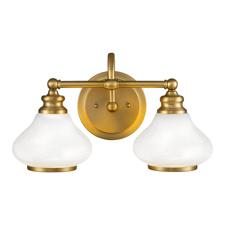 Introducing the Ainsley 2 Light Wall Light in Brushed Brass, which boasts two elegant opal glass shades shaped like inverted teardrops. This design features a central circular mount with two gracefully curved arms supporting LED lamps, providing a classic and sophisticated appearance.