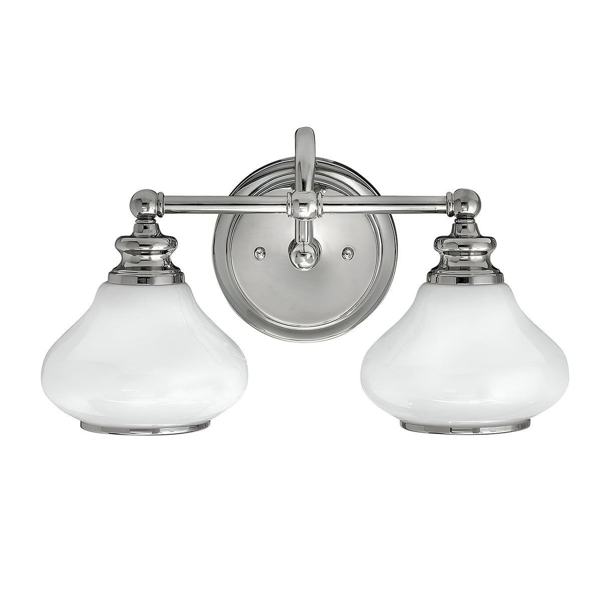 The Ainsley 2 Light Wall Light - Polished Chrome is a sleek and modern fixture featuring two frosted glass shades and a polished chrome metal base. Its classic yet contemporary design, equipped with LED lamps, makes it an ideal choice for a variety of room decors.