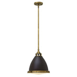 The Amelia 1 Light Medium Pendant in bronze showcases a dome-shaped dark metal shade, complemented by an opal glass diffuser at the bottom. Its vintage aesthetic is highlighted by a brass rod suspension and a circular ceiling mount.