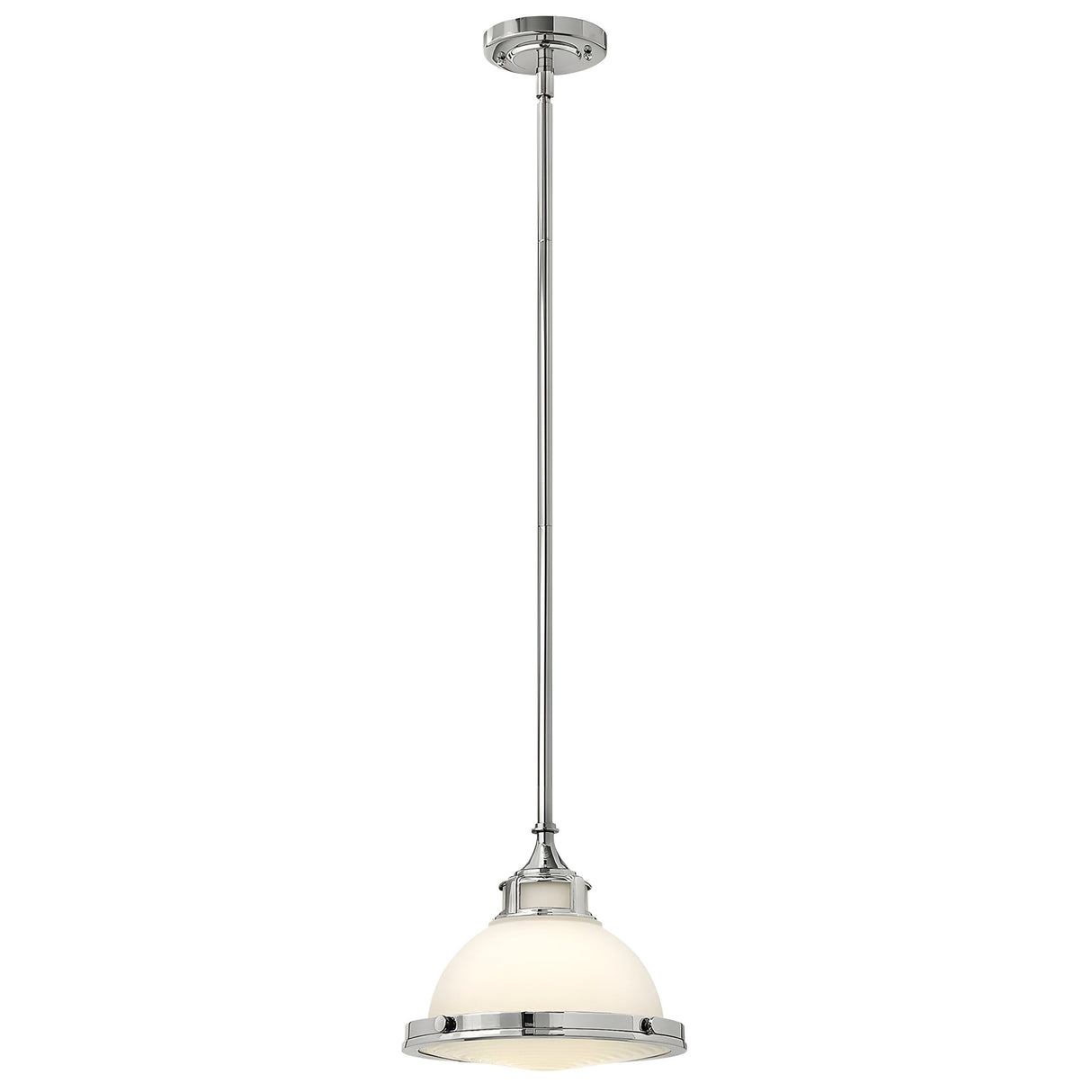 Experience the elegance of the Amelia 1 Light Mini Pendant - Chrome, featuring a polished chrome finish and an opal glass dome shade. It gracefully hangs from a slender rod connected to a round ceiling mount.
