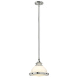 Experience the elegance of the Amelia 1 Light Mini Pendant - Chrome, featuring a polished chrome finish and an opal glass dome shade. It gracefully hangs from a slender rod connected to a round ceiling mount.